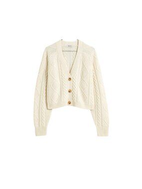 Madewell Cream Cable Knit Cropped Cardigan Button Front Cozy Sweater